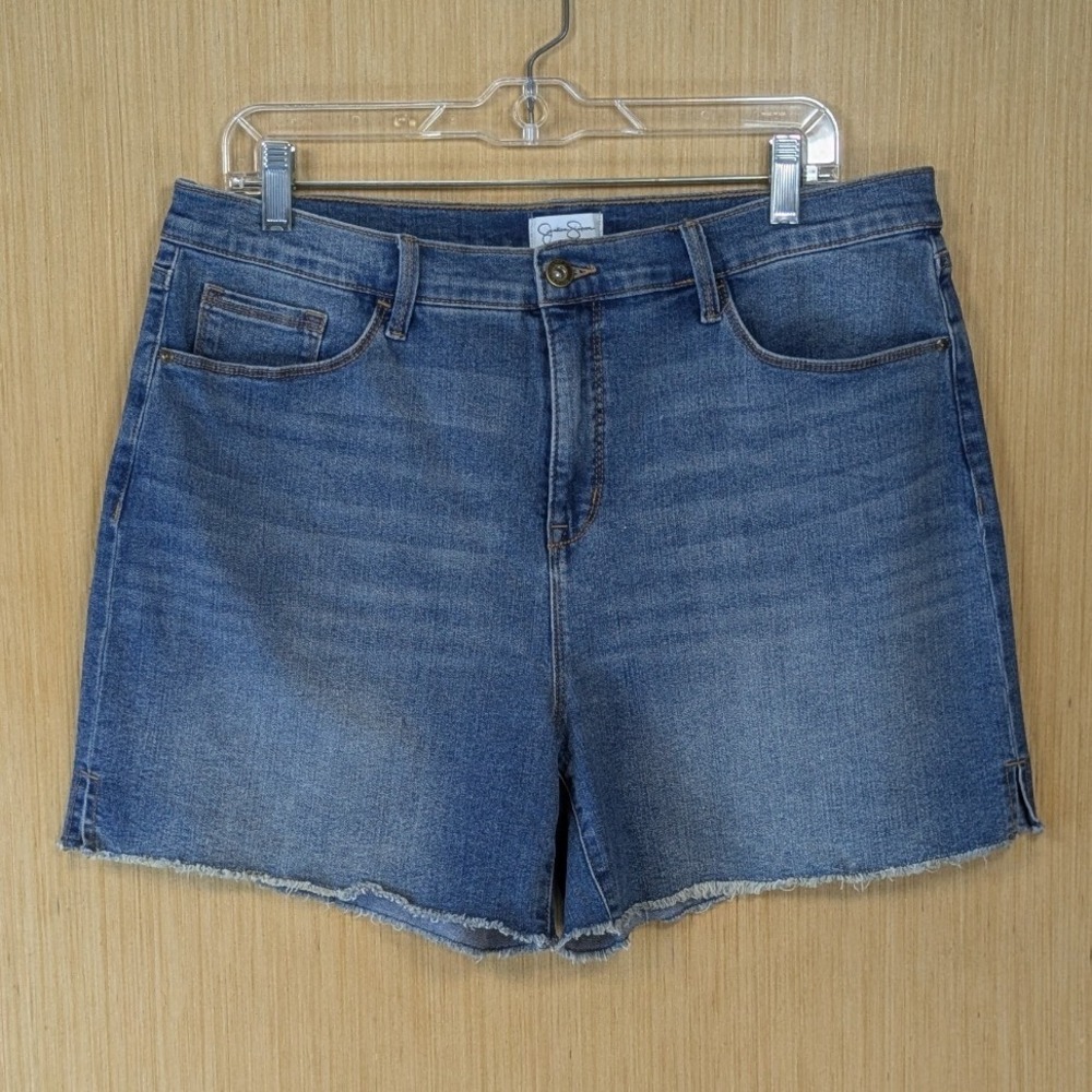 Jessica Simpson Womens Blue Denim Shorts Size 14 High Rise Raw Hem Medium Wash - Picture 1 of 8